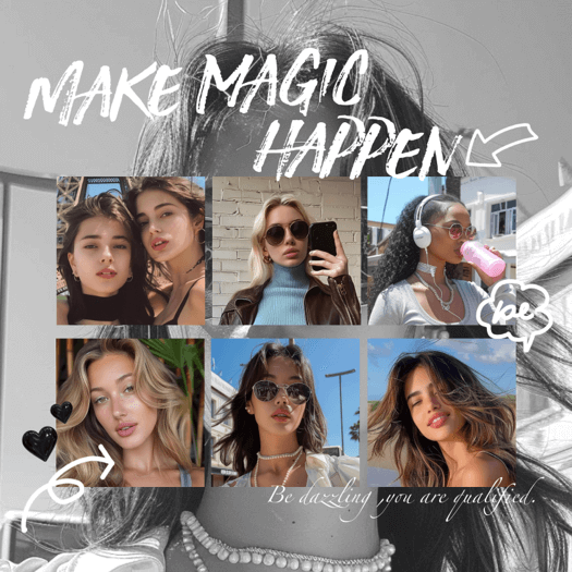 6-grid aesthetic photo collage template with chalk-style text Make Magic Happen and hand-drawn heart and arrow doodles.