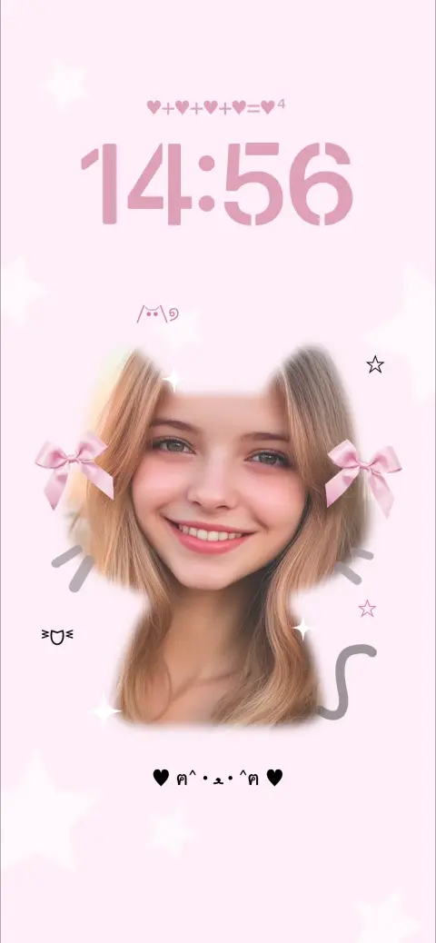 Personalized pink coquette live wallpaper template with bows, stars, and cat doodles for mobile customization.