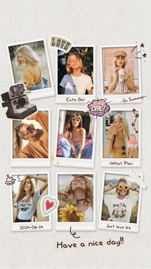A 9-photo polaroid grid collage template featuring vintage stickers like a retro camera and UFO, handwritten summer text, and a light textured paper background.