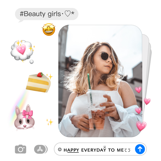 Modèle de montage photo ressemblant à un écran de messagerie iPhone. Photo centrale d'une femme, décorée d'emojis lapin, gâteau et cœurs avec des bulles de texte stylisées.