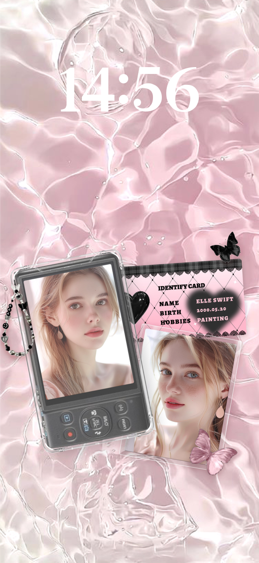 Aesthetic pink wallpaper template with customizable ID card, retro camera photo slot, and liquid ripple background.