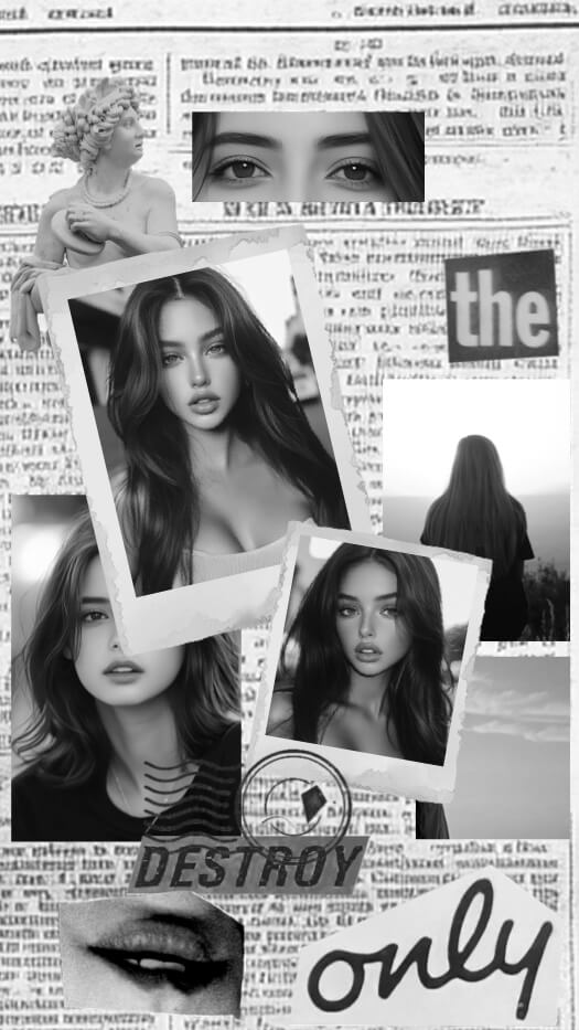 Black and white scrapbook collage with newspaper background, ripped polaroid frames, classical statue, and grunge text.