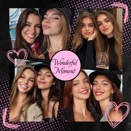 Modèle de montage photo 4 images sur fond noir avec motifs à pois roses, cœurs et badge central 'Wonderful Moment'.
