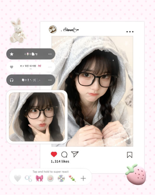 A photo collage template with a pink polka dot background. It features an Instagram UI frame with two photos of a girl in a bunny hoodie, decorated with a white stuffed bunny, a pink strawberry, and soft lace patterns.