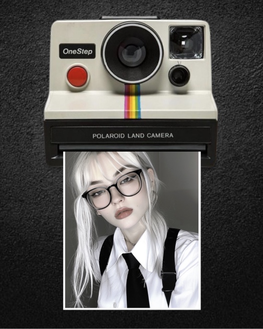 Eine klassische Polaroid OneStep Kamera mit Regenbogenstreifen, die ein Foto auf einem strukturierten dunklen Hintergrund ausgibt.