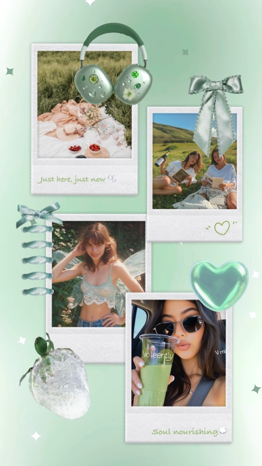 Eine salbeigrüne Fotocollage mit vier Polaroid-Rahmen, die Picknick-Szenen und Natur zeigen. Dekoriert mit Kopfhörern, Schleifen und Herzen.