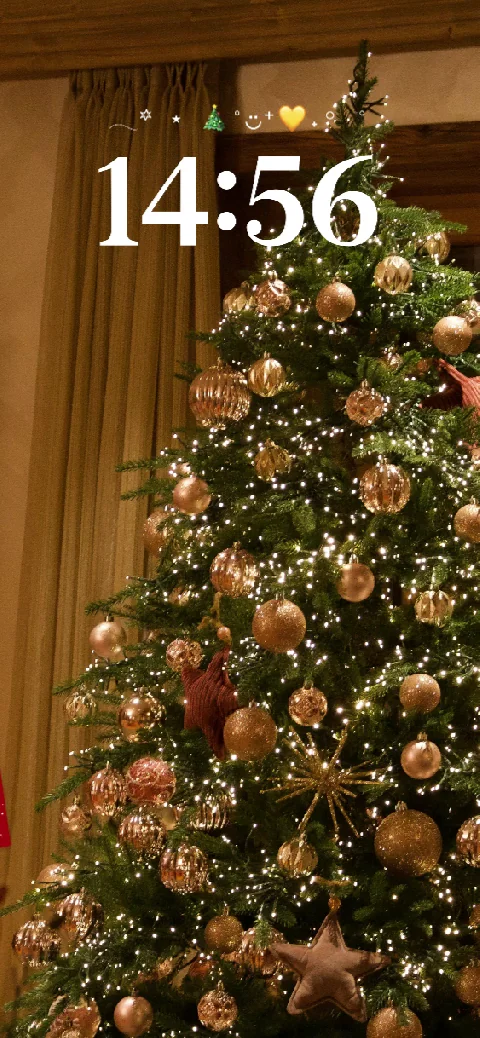 Árbol de navidad decorado con esferas doradas y luces, plantilla personalizable para fondo de pantalla animado.