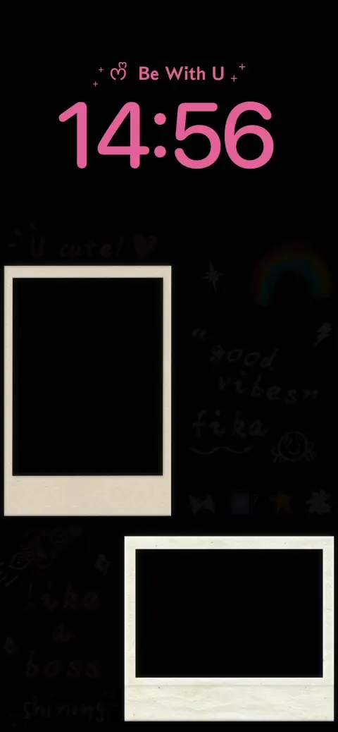 Black aesthetic live wallpaper template with two blank Polaroid photo frames and pink digital clock for mobile phone.