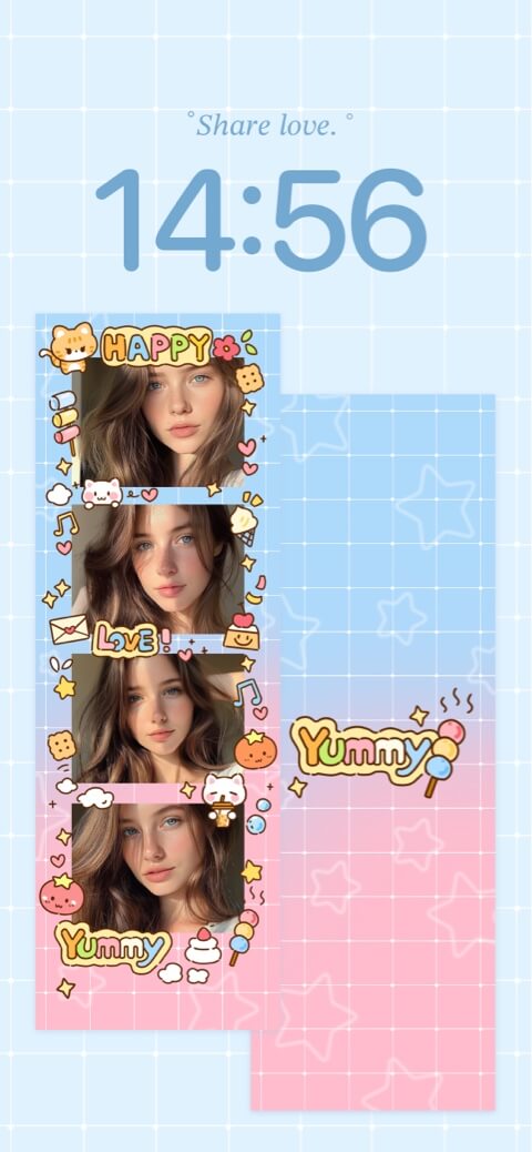 DIY phone wallpaper template featuring a pastel photo strip with kawaii stickers and a blue-pink grid background.