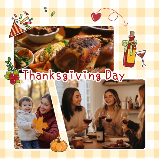 Montage photo d'Action de Grâce sur fond vichy jaune. Contient trois photos : une dinde rôtie, une mère et son enfant en automne, et des amis portant un toast. Stickers de fête inclus.