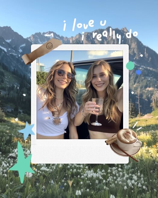 Single photo polaroid frame over mountain landscape with stickers, stars, coffee, and handwritten i love u text.