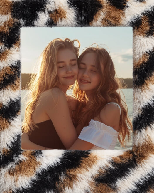 Two girls hugging inside a square faux fur leopard print frame at sunset.
