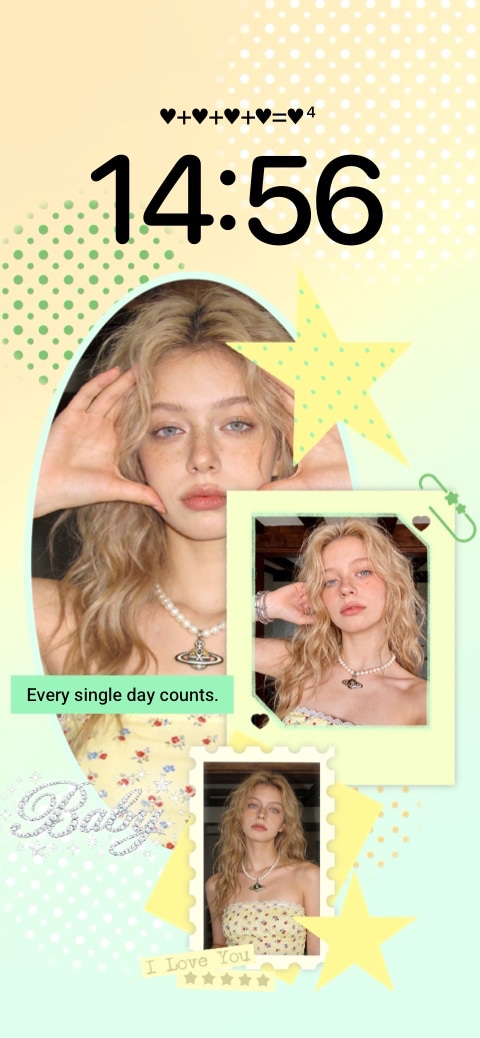 Plantilla de fondo de pantalla con lunares verdes y amarillos, marcos de fotos personalizables estilo polaroid y sellos.