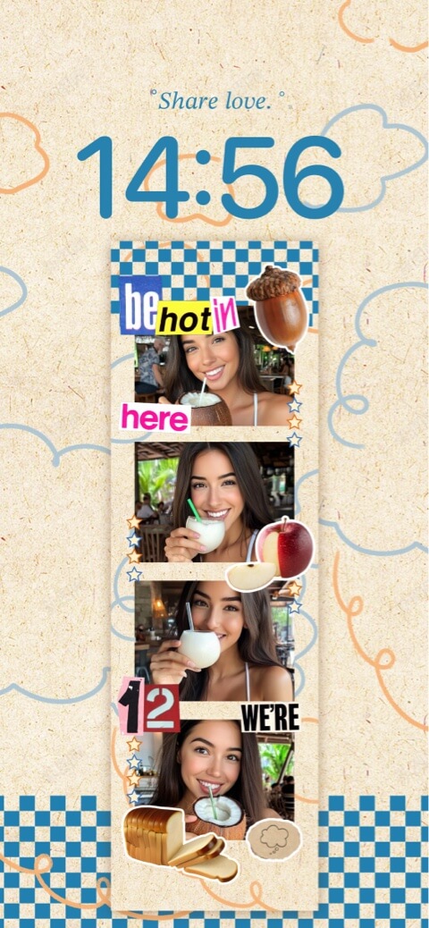 A customizable static wallpaper template featuring an aesthetic scrapbook photo collage strip with doodles and a paper texture background.