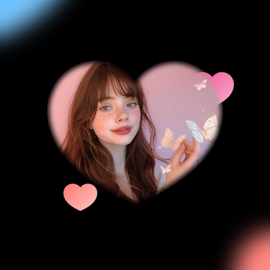 Aesthetic heart-shaped photo collage template with pink hearts and butterflies on a black background.