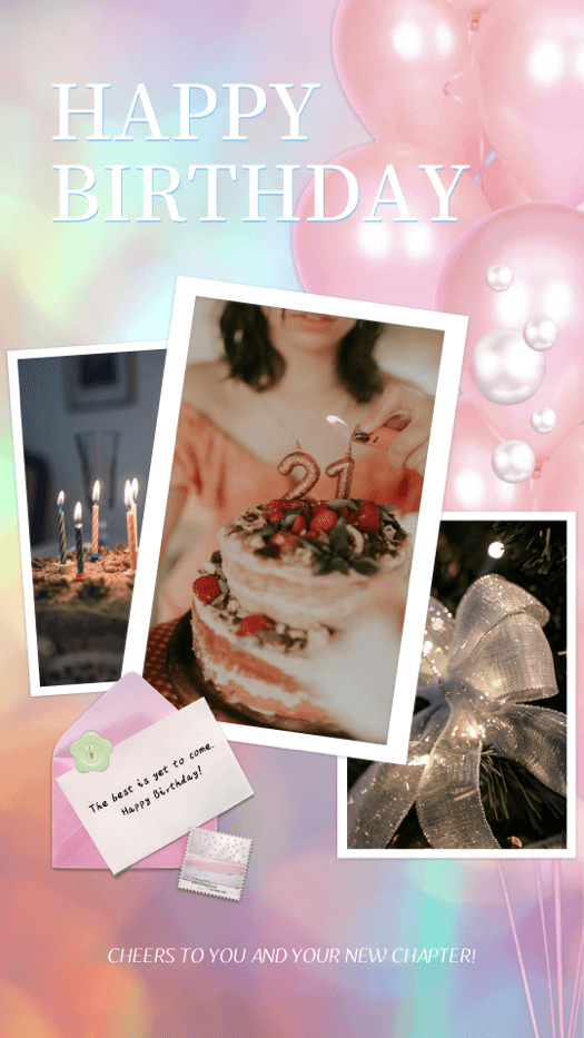 Pink birthday collage template with three polaroid photos, pink balloons, pearls, and a Happy Birthday greeting.