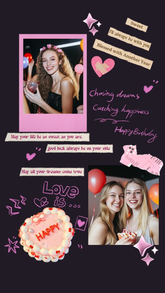 Pink and black birthday scrapbook collage with two photos, heart stickers, washi tape, and a heart-shaped cake.