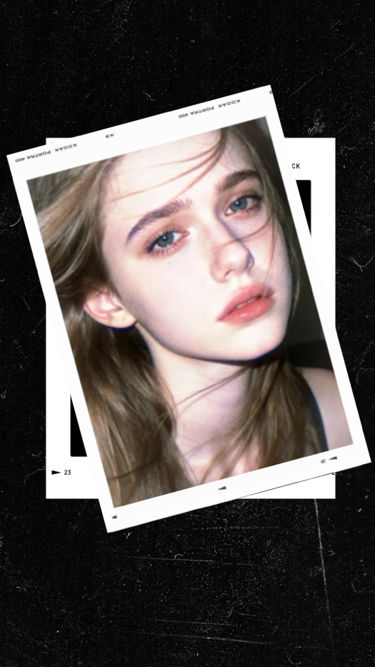 Portrait of a girl in an overlapping white Kodak Portra 400 film frame over a grainy dark black background.