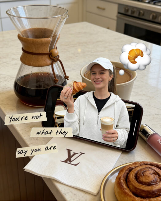 Montage photo lifestyle sur un plan de travail avec café, brioche à la cannelle et un smartphone affichant une femme.