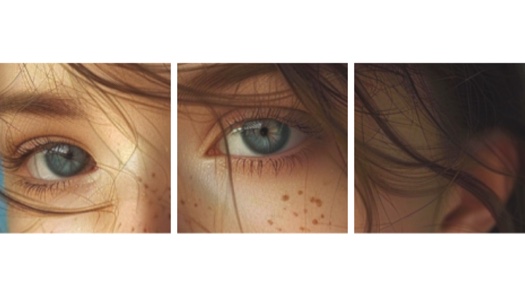 Eine Fotocollage-Vorlage mit drei horizontal angeordneten quadratischen Rahmen, die eine Nahaufnahme von Augen mit Sommersprossen zeigen.