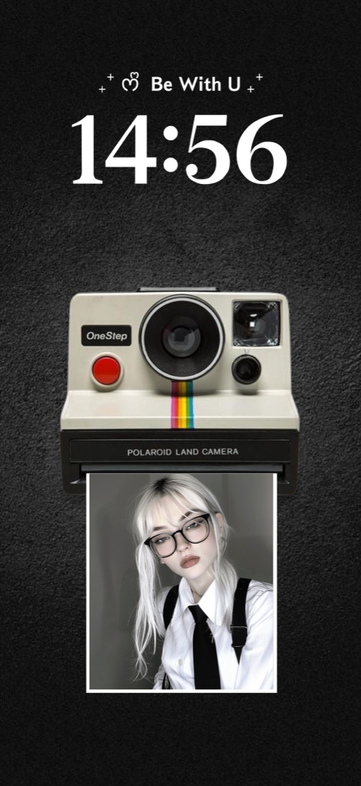 DIY wallpaper template with a retro Polaroid camera printing a customizable photo on a dark textured background.