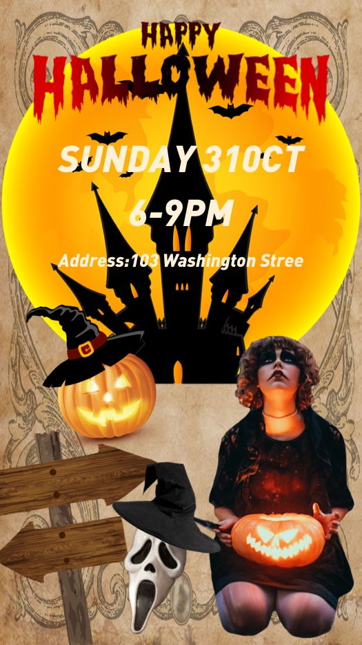 Collage de Halloween con luna amarilla, silueta de castillo, murciélagos, calabazas y una chica con maquillaje gótico sosteniendo una calabaza iluminada.