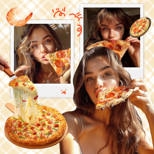 Aesthetic pizza foodie collage with three photo slots, polaroid frames, and cute food stickers on a yellow gingham background.