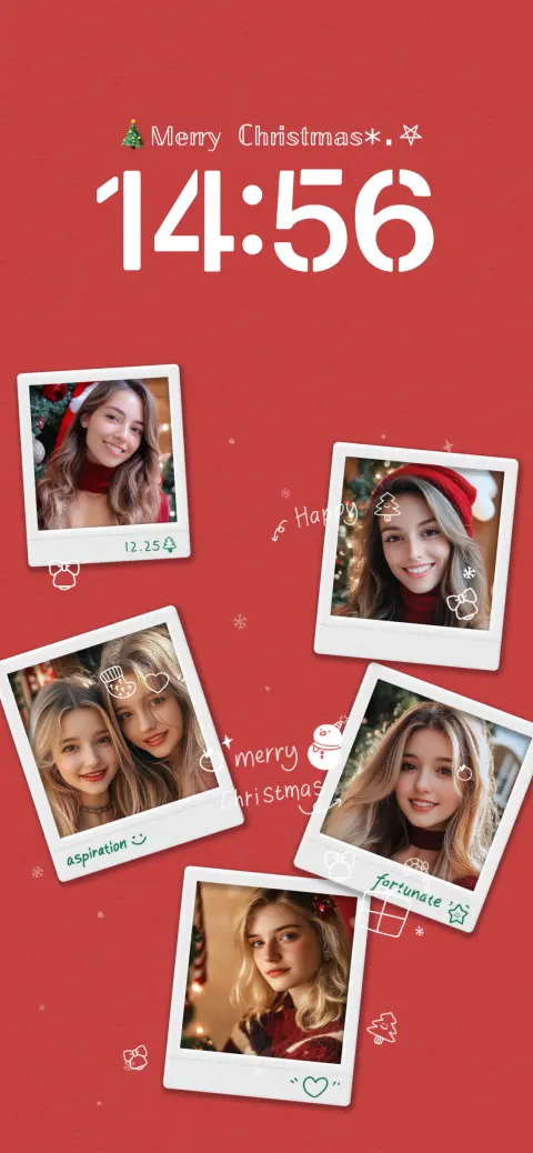 A festive red DIY live wallpaper template featuring five customizable Polaroid photo frames with Christmas doodles and editable text areas.
