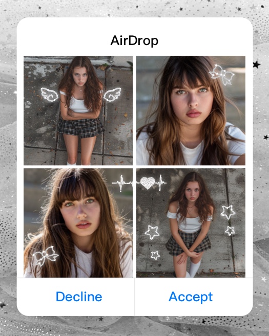 Y2K AirDrop style 4-grid photo collage with sparkly doodles, angel wings, and bows over a starry background.