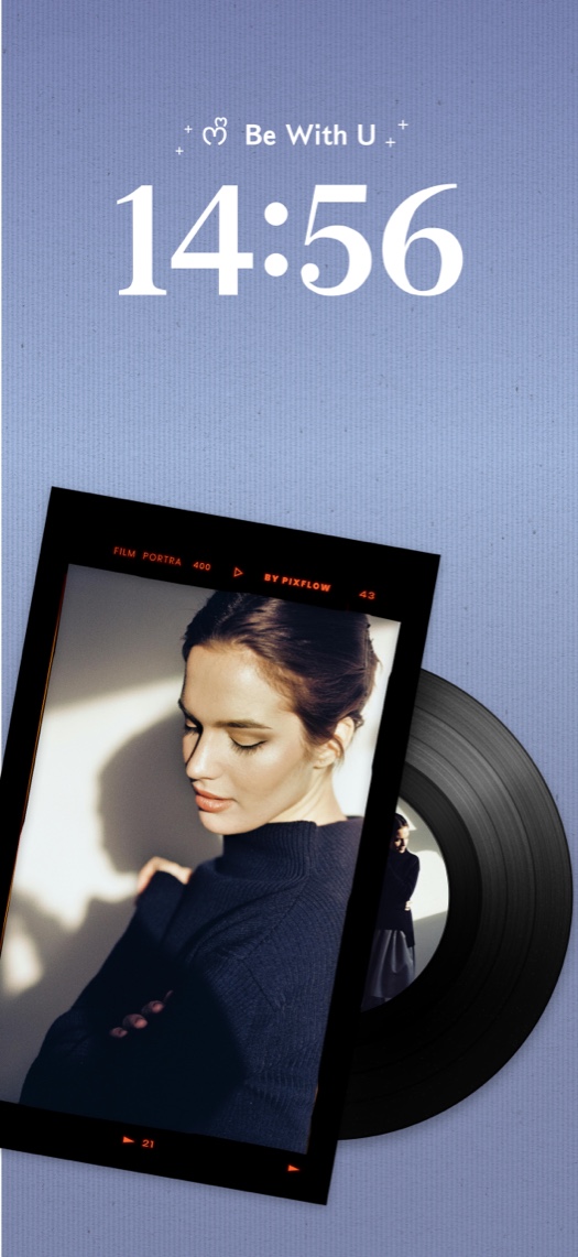 Vintage vinyl and film frame DIY phone wallpaper template with a customizable photo on a periwinkle background.