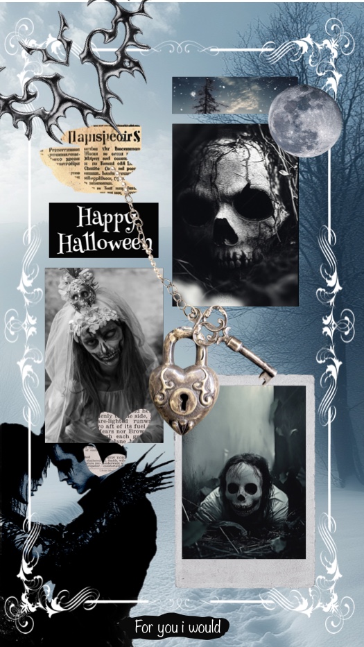 Dunkle Gothic-Halloween-Collage mit Totenköpfen, Geisterbraut, Mond, Herzschloss und Tribal-Rahmen.