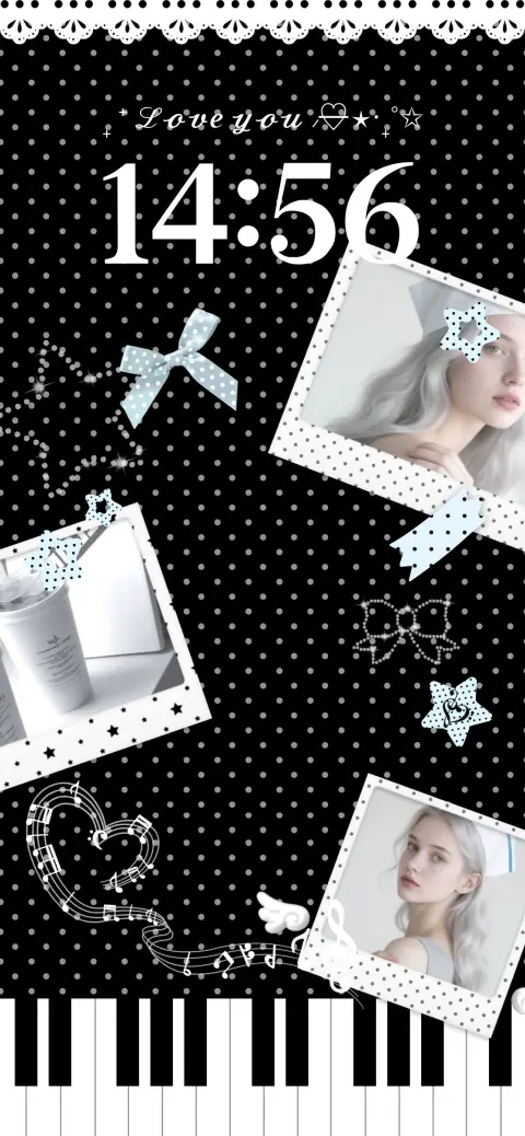 A black and white polka dot DIY live wallpaper template with customizable photo frames, a piano keyboard at the bottom, and musical note decorations.