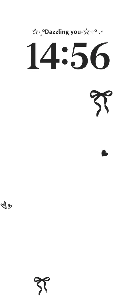 A minimalist white background with hand-drawn black bows, hearts, and stars, featuring a digital clock and customizable text area for a live wallpaper template.