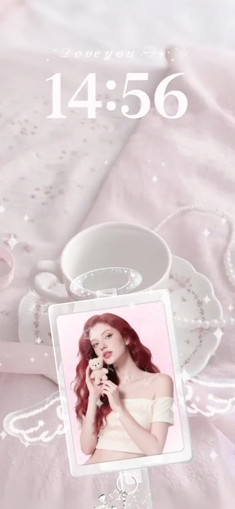 Aesthetic pink coquette live wallpaper template with a photo frame, pearls, and soft sparkles for mobile personalization.