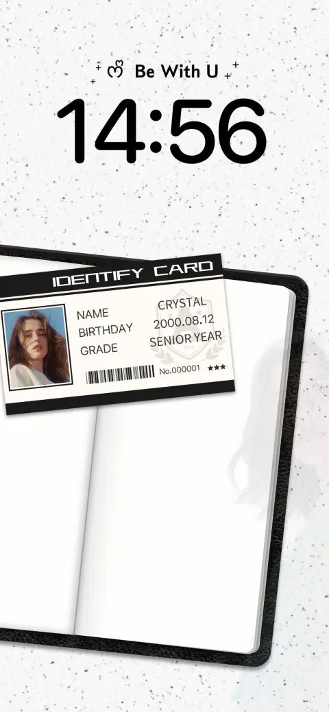 Custom student identity card template over an open notebook for an aesthetic live wallpaper.