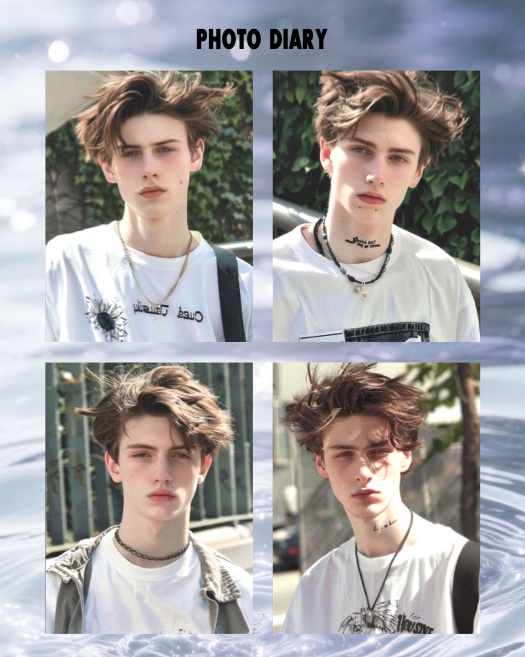 A 4-photo grid collage template titled 'PHOTO DIARY' featuring a young man with messy hair. The background is a blurry light blue water ripple with sparkles.