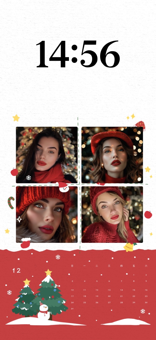 Customizable Christmas wallpaper template featuring a 2x2 photo collage grid and a December calendar over a festive red and white background.