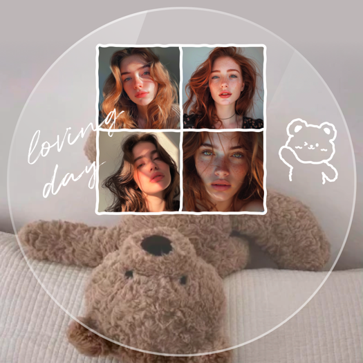 Modèle de montage photo avec une grille 2x2 dans un cercle blanc, texte 'loving day', sticker ours et fond de peluche marron.