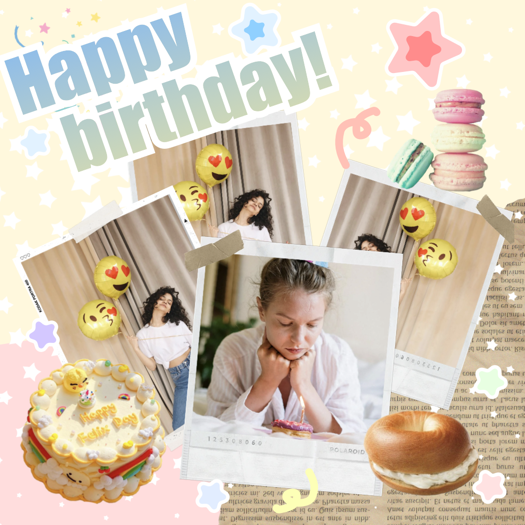 Y2K aesthetic birthday collage with polaroid photos, star stickers, cake, macarons, and Happy Birthday text on yellow.