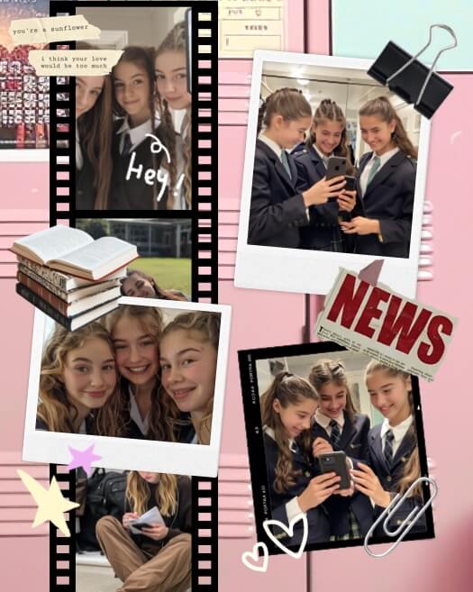 A pink locker background collage featuring a vertical film strip, polaroid frames with photos of students, a stack of books, a paper clip, and a newspaper clipping titled NEWS.