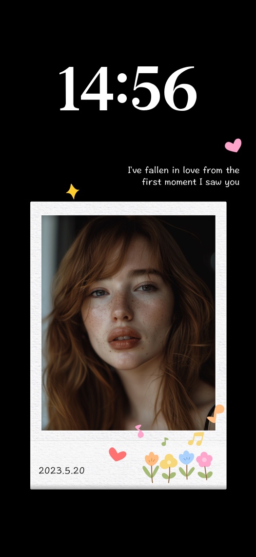 A customizable static wallpaper template featuring a black background, a central white polaroid photo frame with a woman's portrait, romantic handwritten text, a custom date, and cute flower and heart icons.