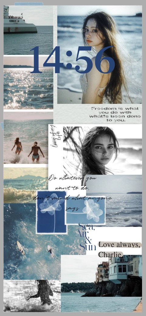 A blue aesthetic collage wallpaper template featuring ocean waves, beach scenes, a girl, and motivational quotes.