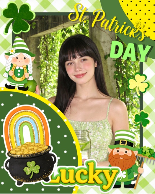 A St. Patrick's Day themed photo collage template with a central photo area for a single person, decorated with leprechauns, a pot of gold under a rainbow, four-leaf clovers, and 'Lucky' text on a green gingham background.