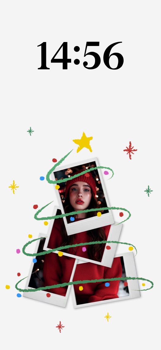 手書きの緑のラインで作られたクリスマスツリーとポラロイド写真枠のカスタマイズ用背景。