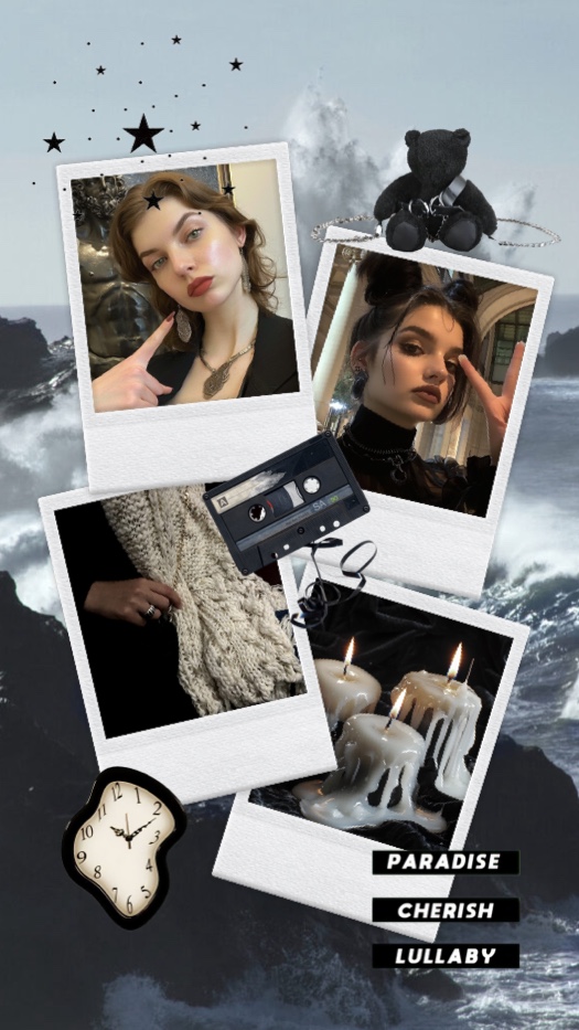 A dark aesthetic collage with five polaroid photo frames, a cassette tape, a melting clock, and a black teddy bear over a crashing wave background.