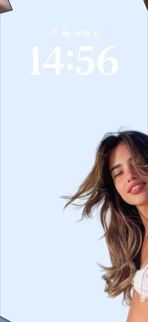 A woman smiling in the corner of a light blue minimalist customizable live wallpaper template with editable text area at the top.