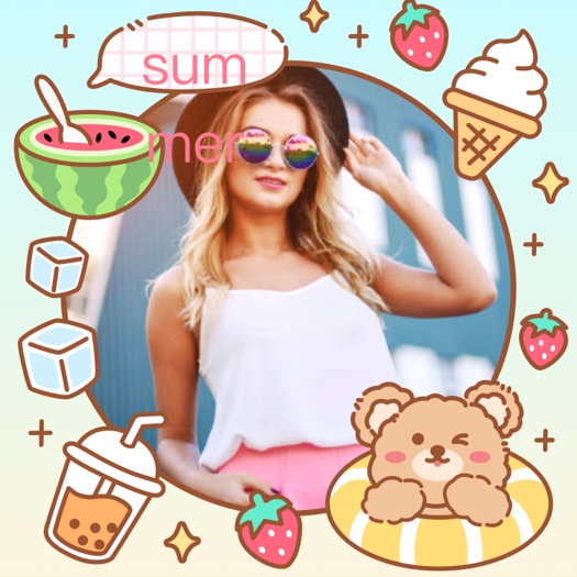 A circular photo frame featuring a woman with sunglasses, surrounded by summer-themed kawaii stickers like a watermelon, ice cream cone, bubble tea, strawberries, and a cute bear in a yellow swim ring.