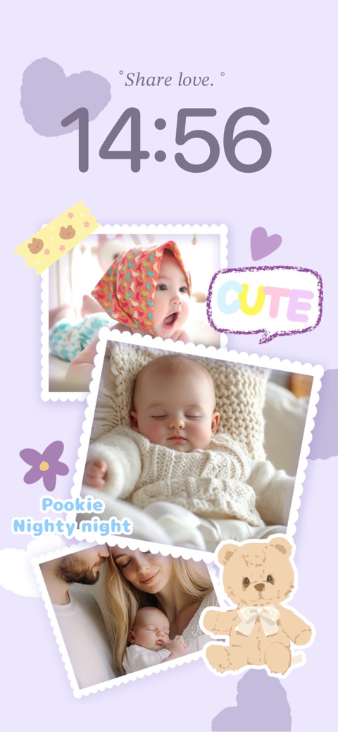 A purple scrapbook style customizable wallpaper template featuring three scalloped photo frames with baby and family photos, decorated with lavender hearts, a teddy bear sticker, and washi tape.