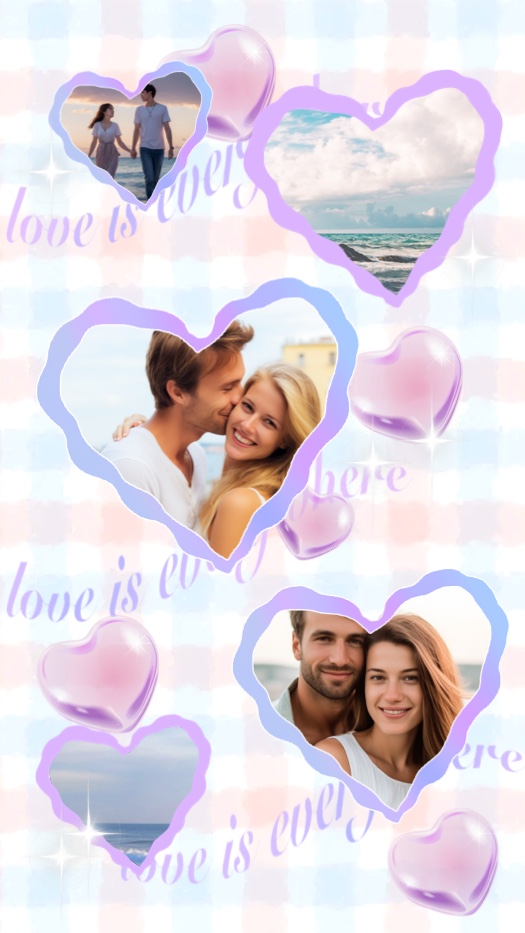 Un modèle de montage photo romantique avec cinq cadres en forme de cœur sur un fond à carreaux vichy, décoré de ballons cœur violets et d'étoiles.