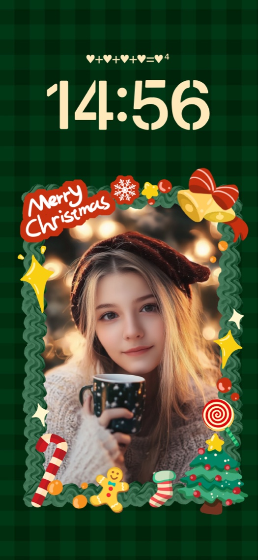 Eine Vorlage für ein Handy-Hintergrundbild mit grünem Karomuster und einem anpassbaren Bilderrahmen mit Weihnachtsschmuck.